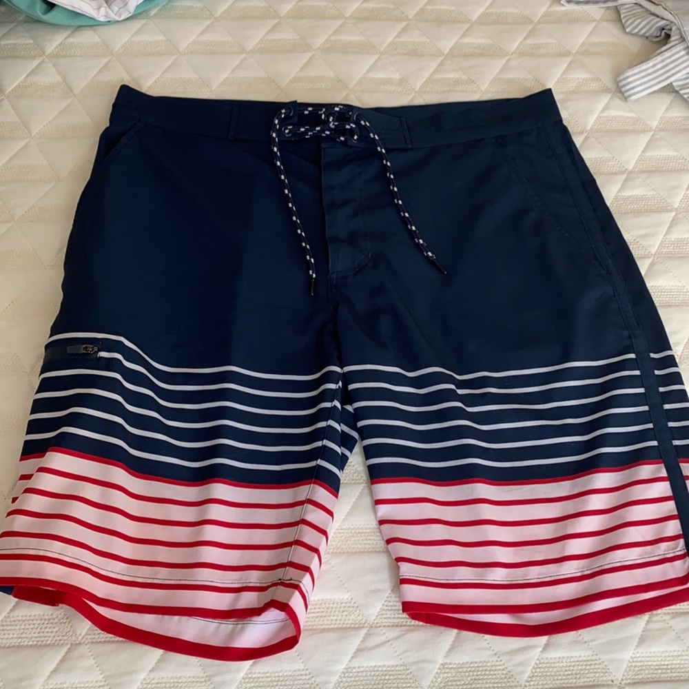 Flag and Anthem red white and blue swim trunks